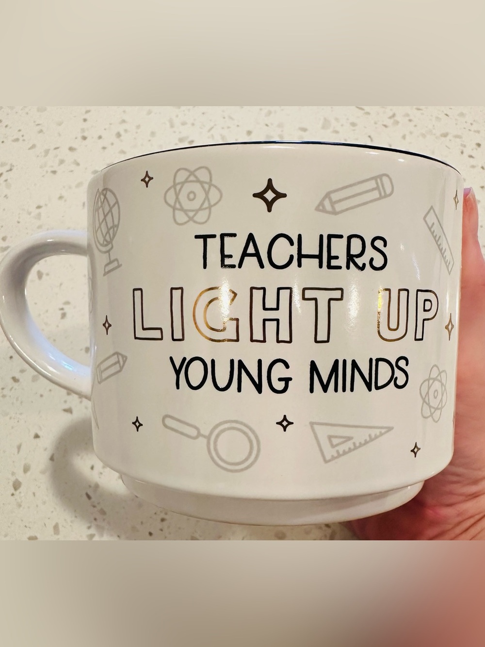 Teachers Light Up Young Minds Ceramic Mug - White with Gold Accents